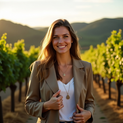 Photorealistic dating profile photo: Lush vineyard lane with orderly rows of vines leading into soft rolling hills, warm late-afternoon light tracing a gentle rim along the outline while a discreet reflector lifts the face for luminous catchlights and an approachable, flirty smile. The subject stands between rows at a three-quarter angle with one hand casually settling a jacket lapel and the other relaxed, wearing summer-chic textures and minimal accessories for effortless, date-ready polish.
