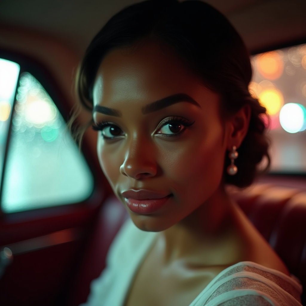 AI-generated photo: Photorealistic wedding beauty close-up captured inside a vintage town car during a light rain, face ...