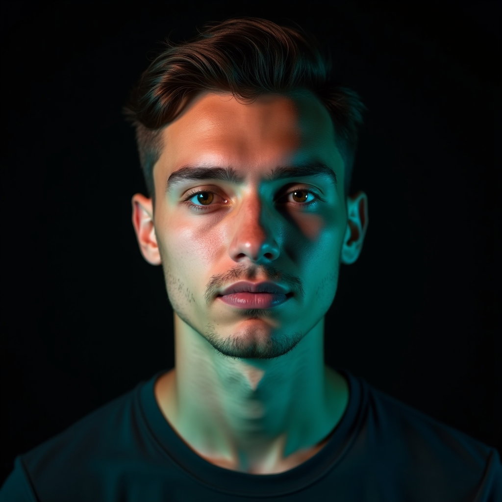 AI-generated photo: Photorealistic studio portrait. The subject is in a tight close-up headshot, chin slightly raised, f...