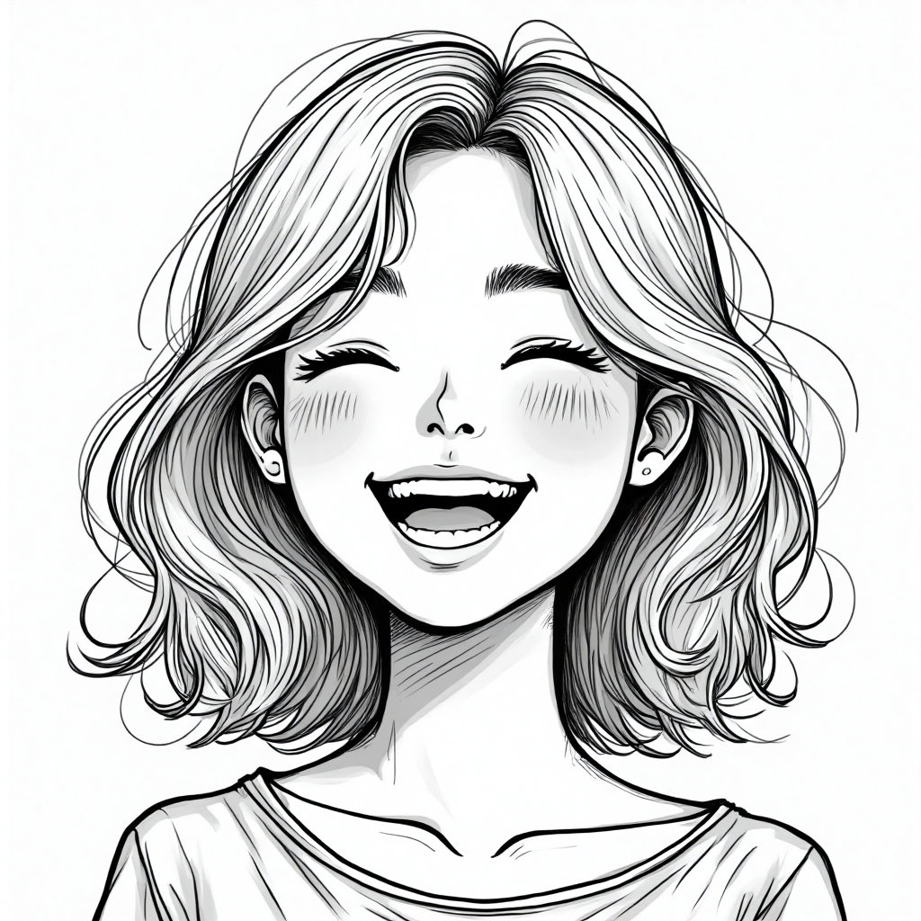 AI-generated photo: **Line Art Illustration.** Capture a young woman in mid-laughter, her eyes bright and full of joy. H...