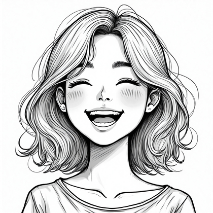 AI-generated photo: **Line Art Illustration.** Capture a young woman in mid-laughter, her eyes bright and full of joy. H...