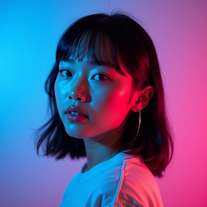 Avatar profile photo: studio portrait on a smooth gradient backdrop shifting from electric blue to magenta for a bold, tech-forward aesthetic. Cinematic gel lighting—cool key on one side and warm rim on the other—creates a graphic outline and crisp, symmetrical catchlights while preserving realistic texture. Centered, symmetrical crop just below the shoulders with solid, neutral wardrobe and minimal accessories ensures the face dominates the frame. Expression is confident and slightly playful with direct gaze, subtle vignette, clean color separation, and glossy, high-contrast finishing for a scroll-stopping avatar look.