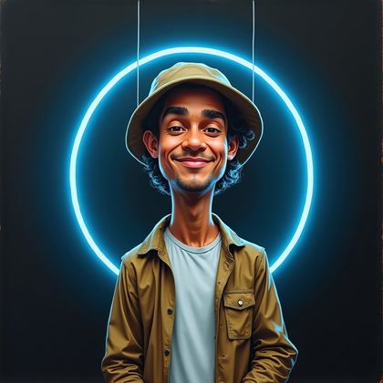 AI-generated photo: Gouache and colored pencil caricature on black paper: in a contemporary art museum gallery, a suspen...