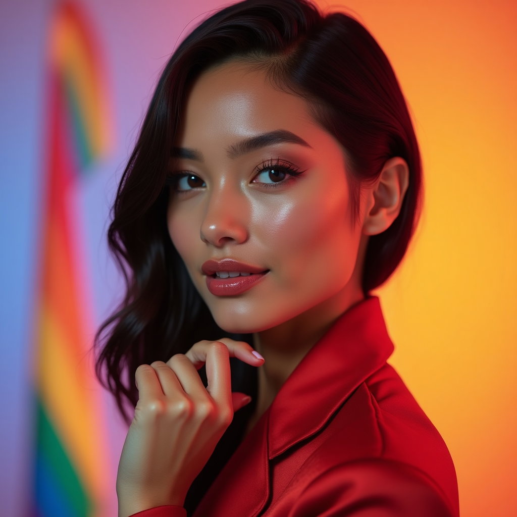 Gender-Expressive Pride Portraits With Confident Posing example: Photorealistic portrait photography, close-up studio portrait with the subject facing forward, chin slightly lifted, one