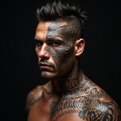 AI-generated photo: Photorealistic photography showcasing a man with a traditional Maori-style tattoo on the left side o...