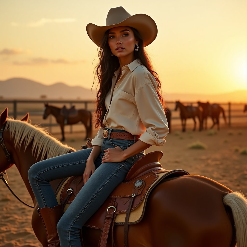 AI-generated photo: Photorealistic fashion editorial photography, a premium cowboy-inspired image featuring the subject ...