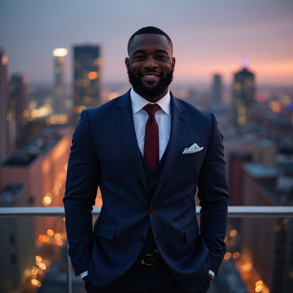 AI-generated photo: Lifestyle photo capturing a man in a finely tailored navy blue suit with a subtle herringbone patter...