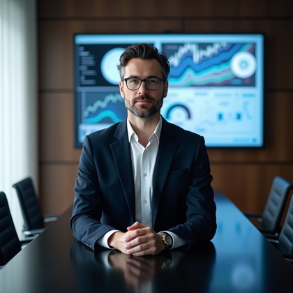 AI-generated photo: Professional headshot: positioned along the long side of a matte conference table with a wall-mounte...