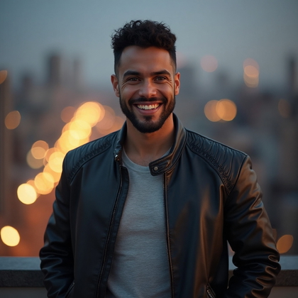 AI-generated photo: Charming Smile Portrait featuring a man dressed in a classic, fitted black leather jacket with a sub...