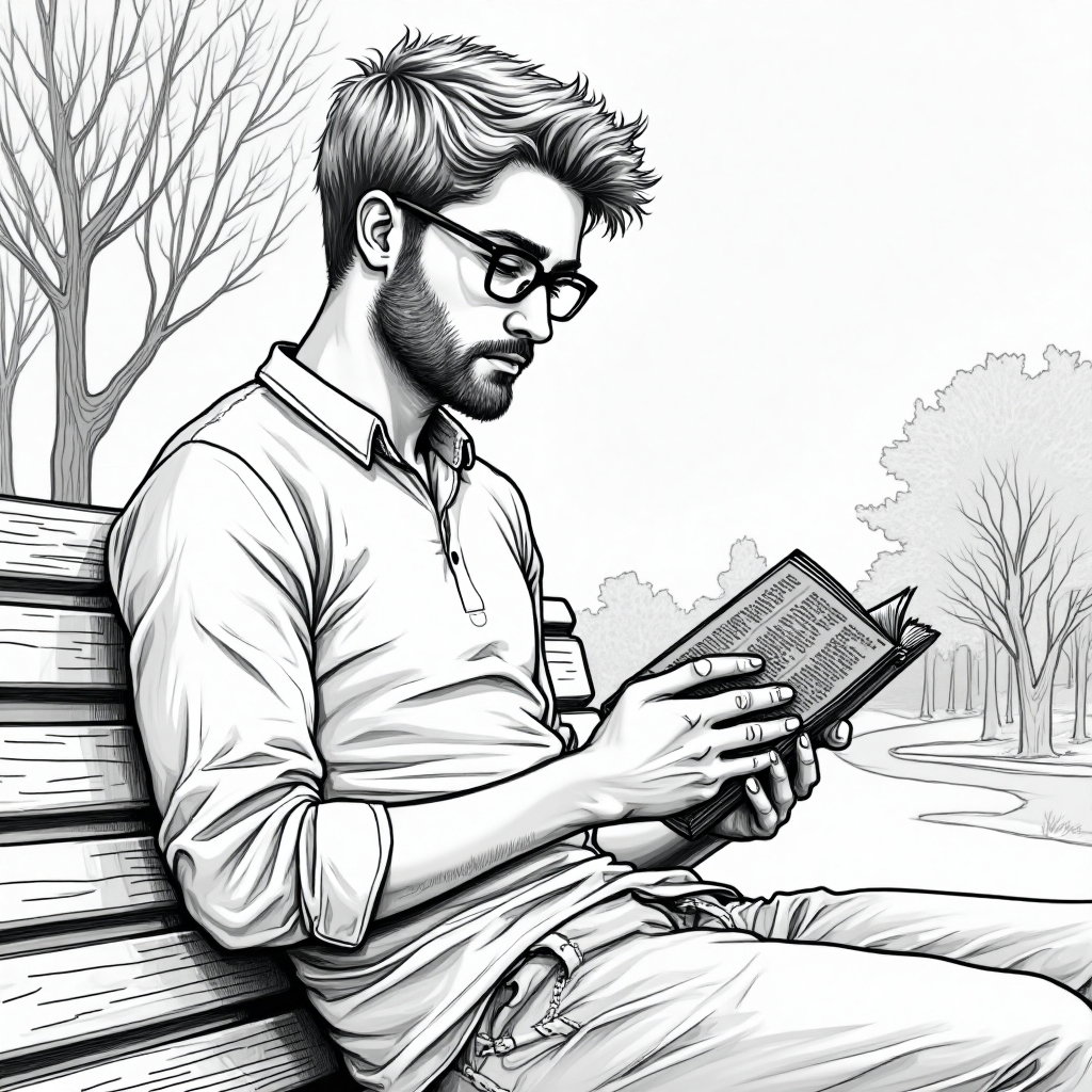 AI-generated photo: **Line Art Illustration.** Portray a young man sitting on a park bench, his body language relaxed ye...