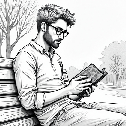 AI-generated photo: **Line Art Illustration.** Portray a young man sitting on a park bench, his body language relaxed ye...
