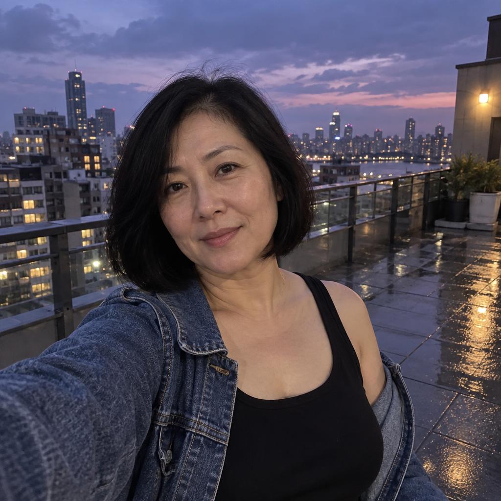 Rooftop Blue-Hour Selfie: Arm’s-length upper-body selfie near a rooftop railing after a light rain.