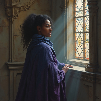 AI-generated photo: Baroque oil painting. Set within a cathedral-like space, illuminated by a cascade of light from stai...