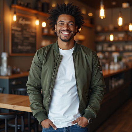 AI-generated photo: Charming Smile Portrait featuring a man in a laid-back outfit consisting of a dark olive green bombe...