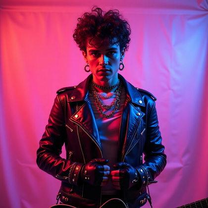 AI-generated photo: Photorealistic 1980s glam rock studio portrait photograph, waist-up pose against a neon gradient pap...