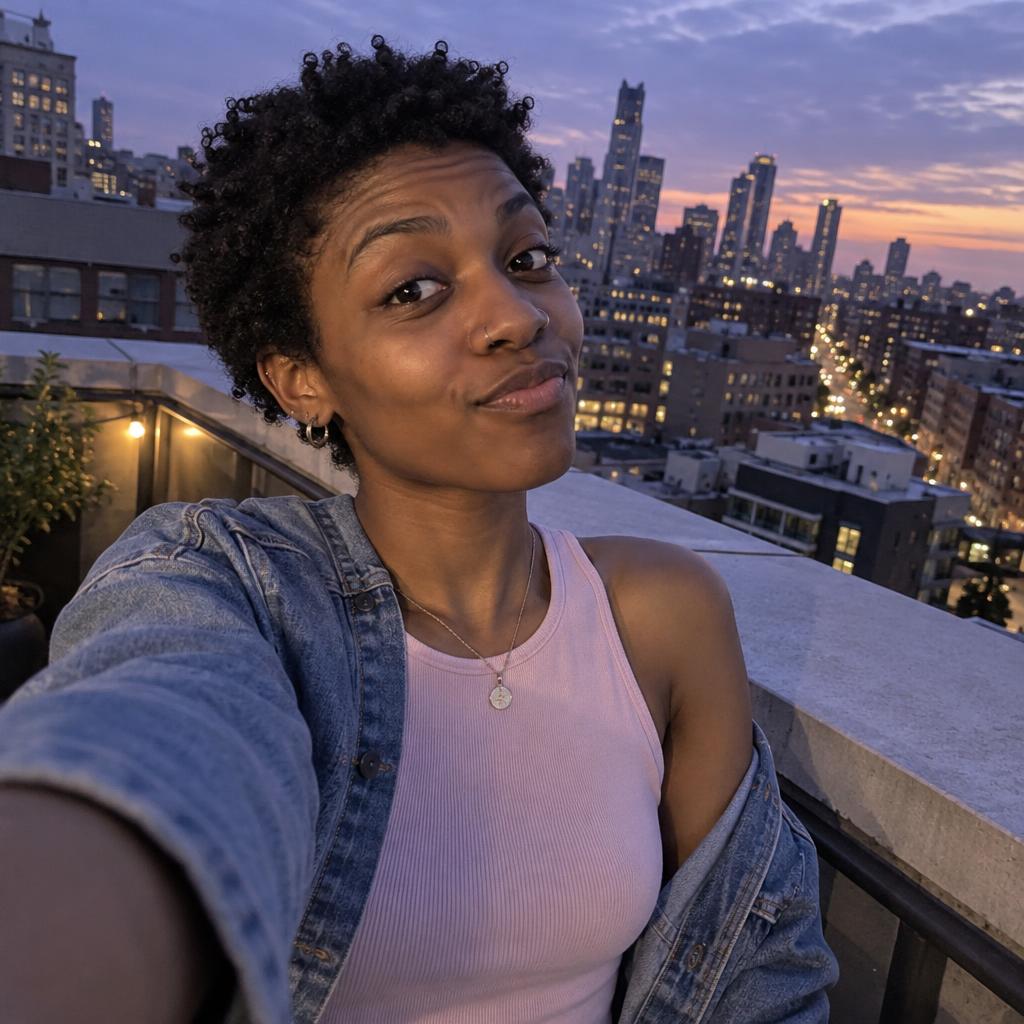 Rooftop Blue-Hour Selfie: Upper-body selfie from a rooftop corner, one arm reaching into the foreground and the skyline sweeping diagonally behind.