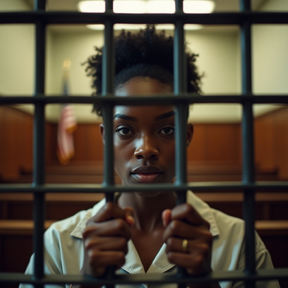 AI-generated photo: Photorealistic prison photography. The viewpoint is from behind a heavy, waist-high barrier of thick...