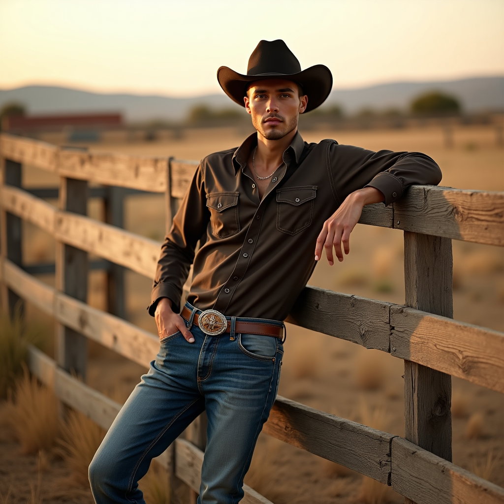 AI-generated photo: Photorealistic fashion photography, a bold fence-lean country attitude shot staged in an expansive r...