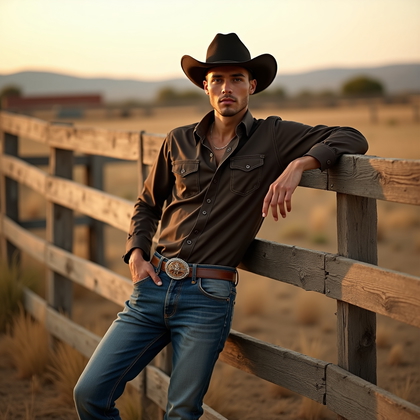 AI-generated photo: Photorealistic fashion photography, a bold fence-lean country attitude shot staged in an expansive r...