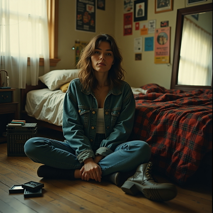 AI-generated photo: Photorealistic 1990s-style analog film photograph of a grunge bedroom with the subject seated on the...