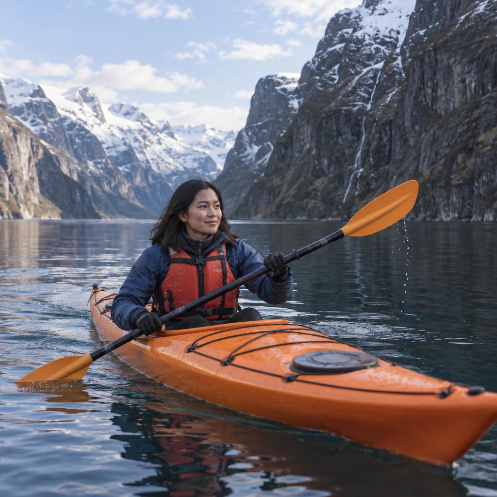 A Solo Outdoor Adventure: An elevated, wide view across a still fjord on a crisp early-spring afternoon: one paddler in an orange kayak moves past dark cliffs with…