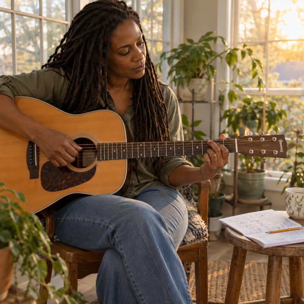 Mastering A New Skill: In a small sunroom, she practices guitar on a wooden chair, pressing a chord with care while studying the fretboard.
