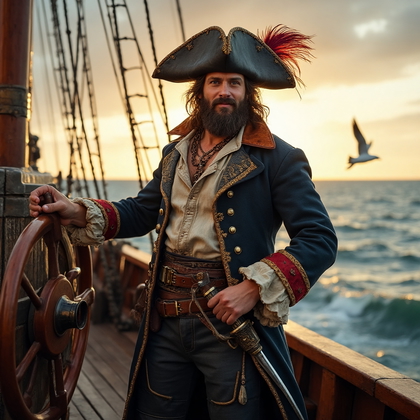AI-generated photo: Cosplay photo of a character as a swashbuckling pirate captain, donning a weathered leather tricorn ...