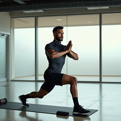 AI-generated photo: Photorealistic fitness photography in a modern stretch studio inside a large gym, frosted glass part...