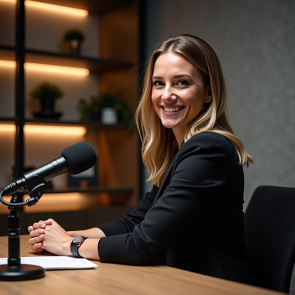 LinkedIn photo photography. Action portrait in a corporate podcast and webinar recording room, with the subject captured mid-gesture while preparing to speak into a desk microphone and turning toward the viewer. Smart business-casual styling, confident conversational expression, matte fabric backdrop, tasteful shelves, warm key light with a subtle rim glow, and a polished thought-leadership look.