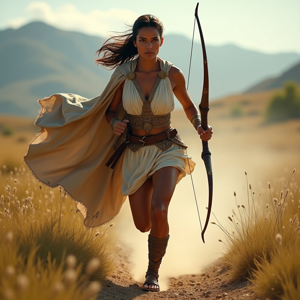 Solo Atalanta Huntress Action Portrait example: Cinematic Greek myth portrait photography. Full-body portrait of a solo heroic archer sprinting through a wild meadow, b