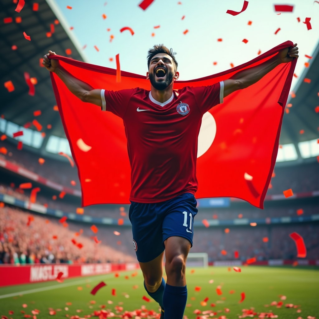 Flag-Draped National Pride Portraits example: Photorealistic action sports fan photography. Capture a fan mid-celebration with a national flag stretched wide behind t