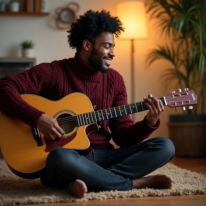 AI-generated photo: Hobby-inspired lifestyle photo capturing a man immersed in the art of playing acoustic guitar. He we...