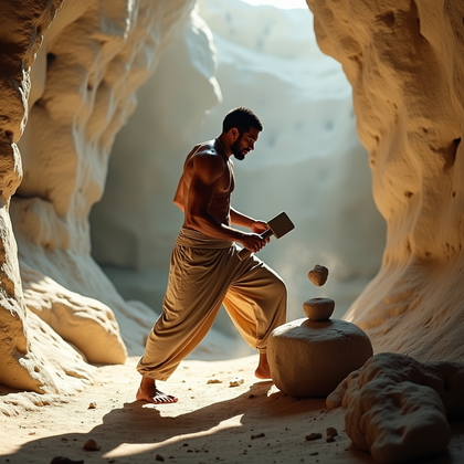 AI-generated photo: Photorealistic documentary photograph within a sunlit limestone amphitheater where white rock walls ...