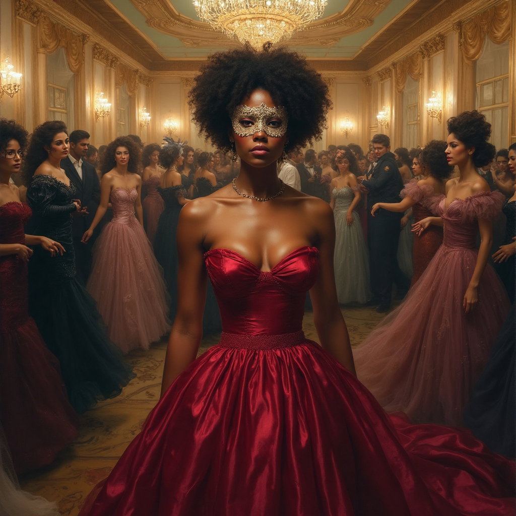 AI-generated photo: Baroque oil painting. A decadent masquerade ball is captured in full swing in a lavish ballroom, whe...