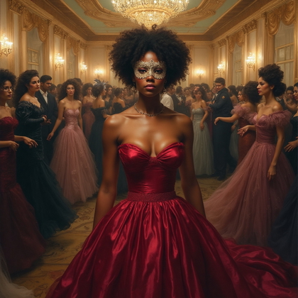 AI-generated photo: Baroque oil painting. A decadent masquerade ball is captured in full swing in a lavish ballroom, whe...