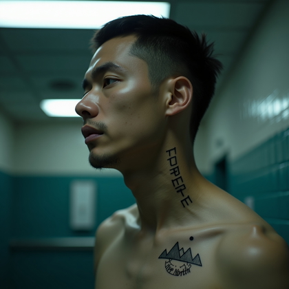 AI-generated photo: Photorealistic prison portrait photograph, close-up composition in a dim institutional bathroom, the...