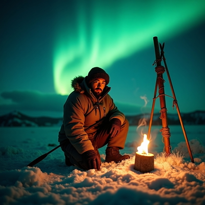 AI-generated photo: Photorealistic nocturnal expedition photo on open tundra beneath a sweeping aurora, the subject in a...
