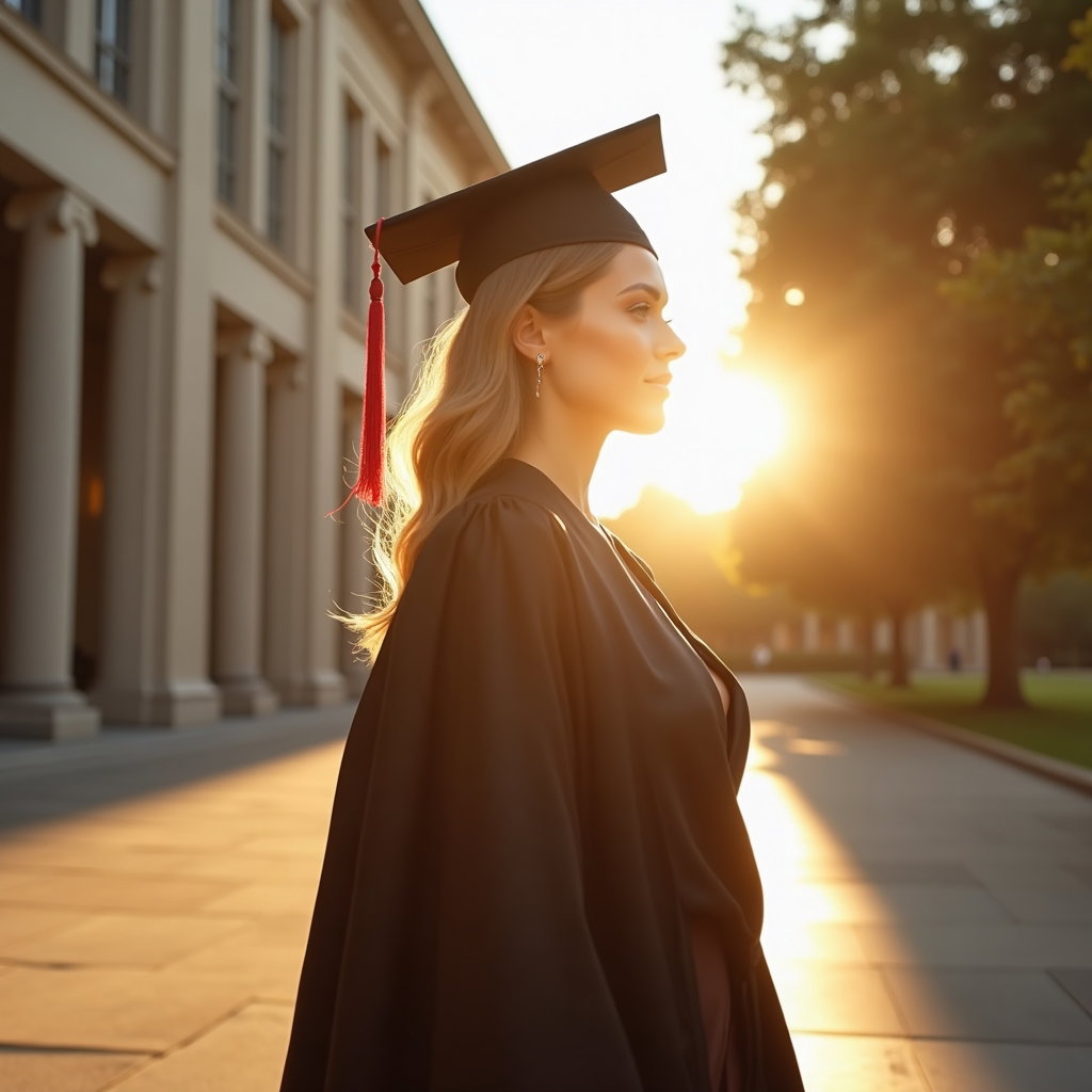 AI-generated photo: Photorealistic high-fashion portrait, a dreamy sunlit graduate portrait set beside a grand campus bu...