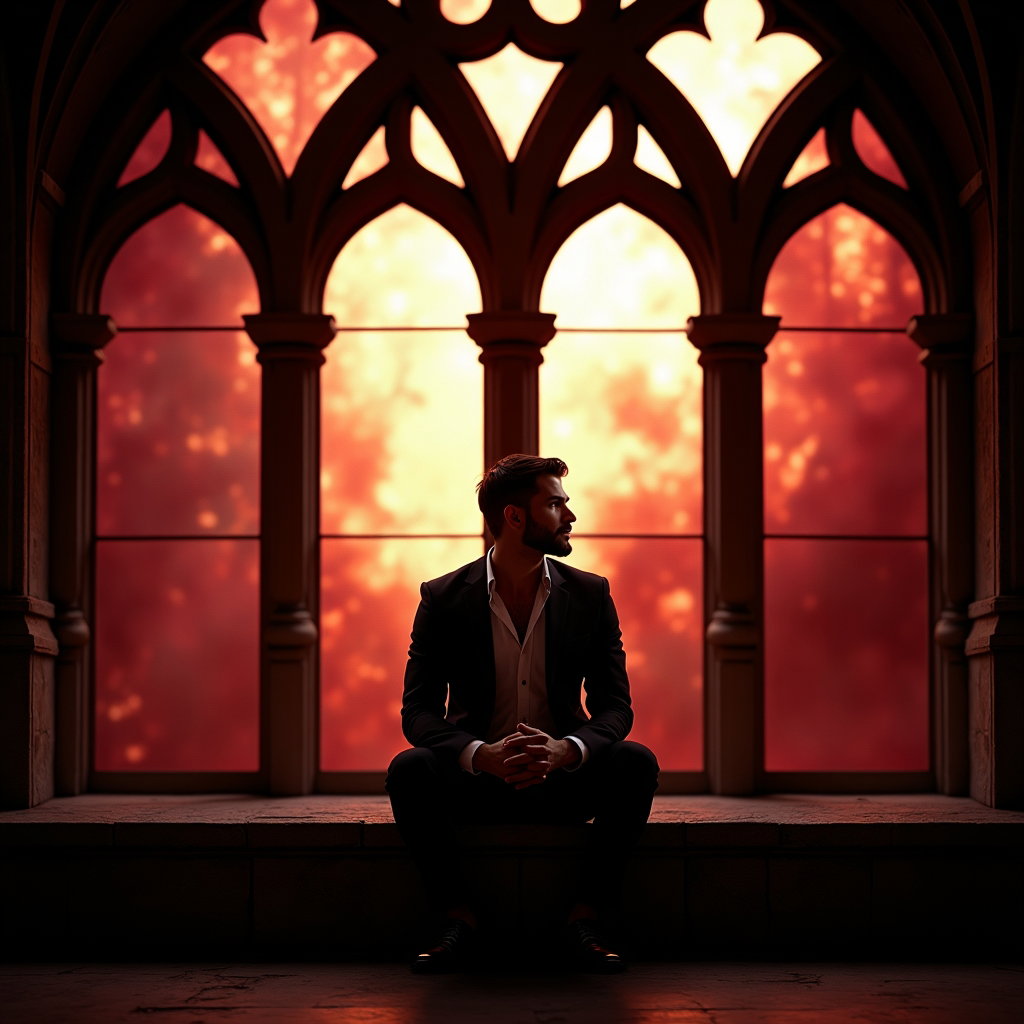 Gothic Window Silhouette Portrait example: Dating profile photo, editorial hero image centered before an enormous stained-glass Gothic window, with the subject pos
