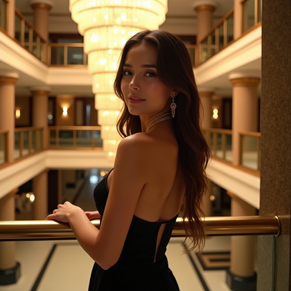Photorealistic dating profile photo: Opulent boutique hotel atrium with a sweeping mezzanine, polished brass rail, and a towering art-deco chandelier glowing like champagne above a terrazzo floor. The subject leans lightly on the rail at three-quarters, chin tipped slightly to the lens for warm, confident eye contact and a poised half-smile, dressed in sleek eveningwear with refined textures for modern sophistication. Ambient tungsten from the chandelier blends with cool skylight for cinematic color contrast, shaping a gentle halo and glossy reflections on the metalwork. Compose centered with symmetrical lines and generous negative space to keep the face dominant, a premium date-night mood with clean, elegant retouching and a luxe finish.