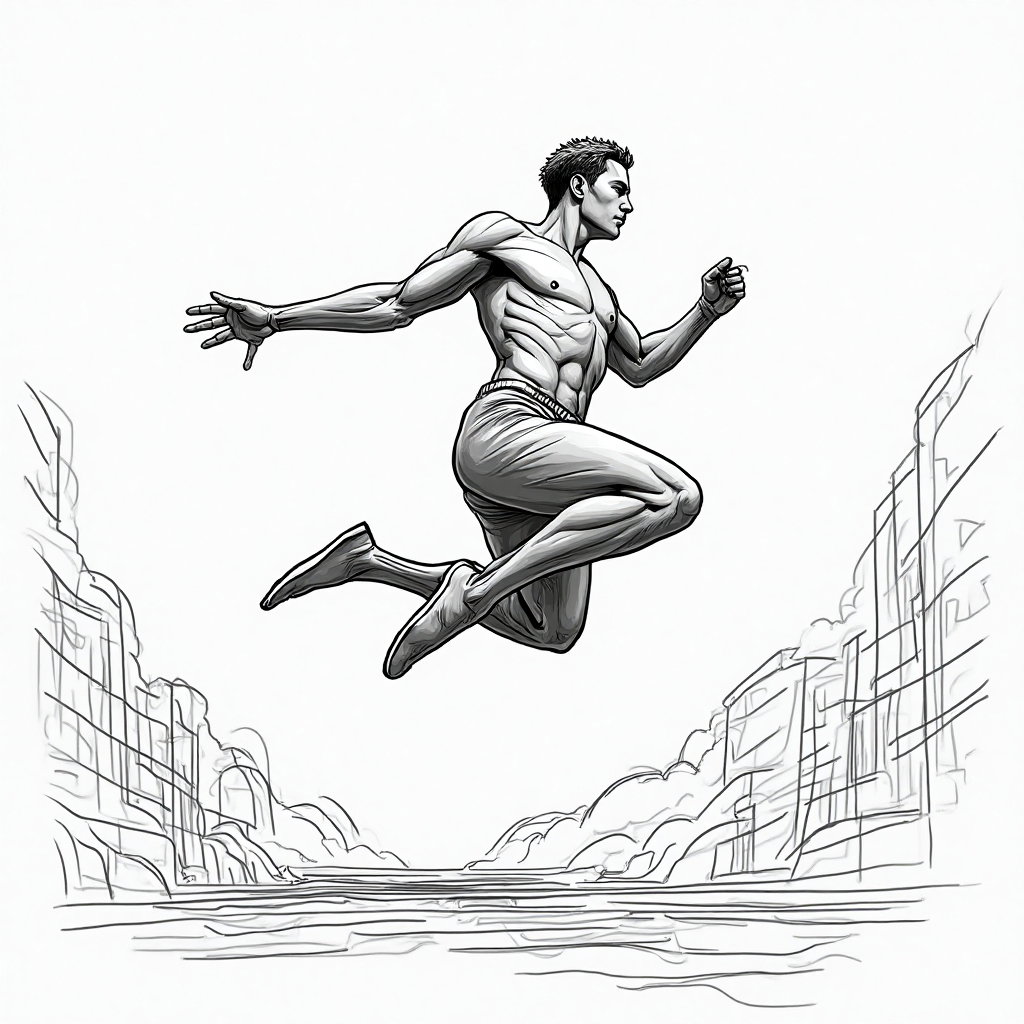 AI-generated photo: **Line Art Illustration.** Portraying a figure mid-jump during a parkour maneuver, this illustration...