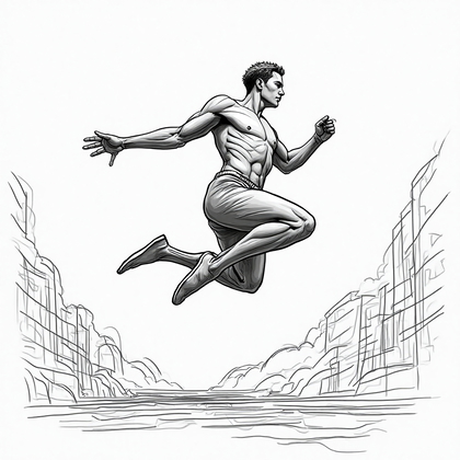 AI-generated photo: **Line Art Illustration.** Portraying a figure mid-jump during a parkour maneuver, this illustration...
