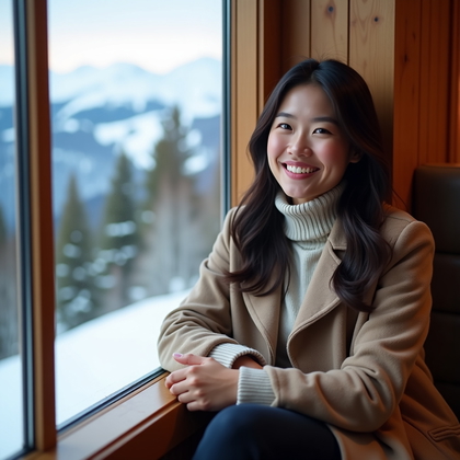 Photorealistic dating profile photo: cozy mountain lodge window seat with panoramic glass framing snow-dusted peaks and evergreen treetops, the subject angled three-quarters toward the camera with one elbow resting on the sill and the other hand softly clasped, relaxed shoulders and a warm, inviting smile. Soft north light from the window is the key, with gentle bounce from warm wood interiors lifting shadows for even skin rendering and crisp, bright catchlights. Wardrobe is winter-chic (fine knit or wool turtleneck with a tailored coat), neutral palette that complements the scenery, and a tasteful mid-chest crop that prioritizes the face while keeping the alpine vista softly defocused.