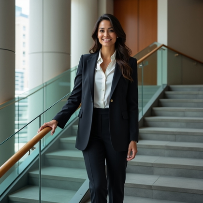 Professional business portrait photograph. Full-body vertical portrait on a modern office staircase, with the subject standing on a step, shoulders open, one hand resting lightly on the railing, and the face clearly visible with a poised executive expression. Use tailored formal attire, architectural lines, polished stone and metal textures, balanced natural light, and a refined editorial composition that feels aspirational but realistic.