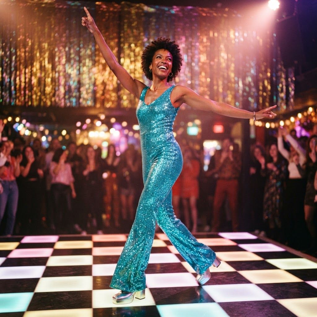 Retro Disco Star in Motion: Full-body solo dance portrait: she points one arm skyward and steps forward in a turquoise sequined flared jumpsuit and platform shoes.