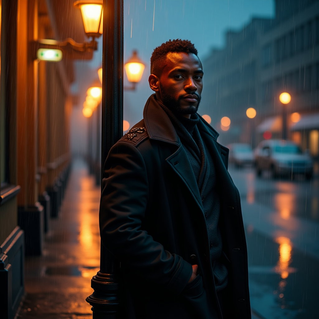Rainy Night Street Vamp Portrait example: Dating profile photo, photorealistic half-body portrait beside a vintage streetlamp on a rainy night, with the face clea