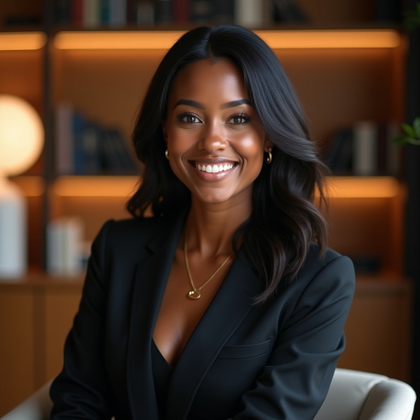 Professional headshot photography. Close-up portrait in a refined executive library with softly blurred shelves and a small sculptural object in the background, framed from the upper chest as the subject sits upright and turns slightly toward the viewer. Polished business formal styling, a composed approachable expression, warm diffused window-and-lamp lighting, an amber-and-charcoal palette, crisp face clarity, and an uncluttered premium atmosphere.