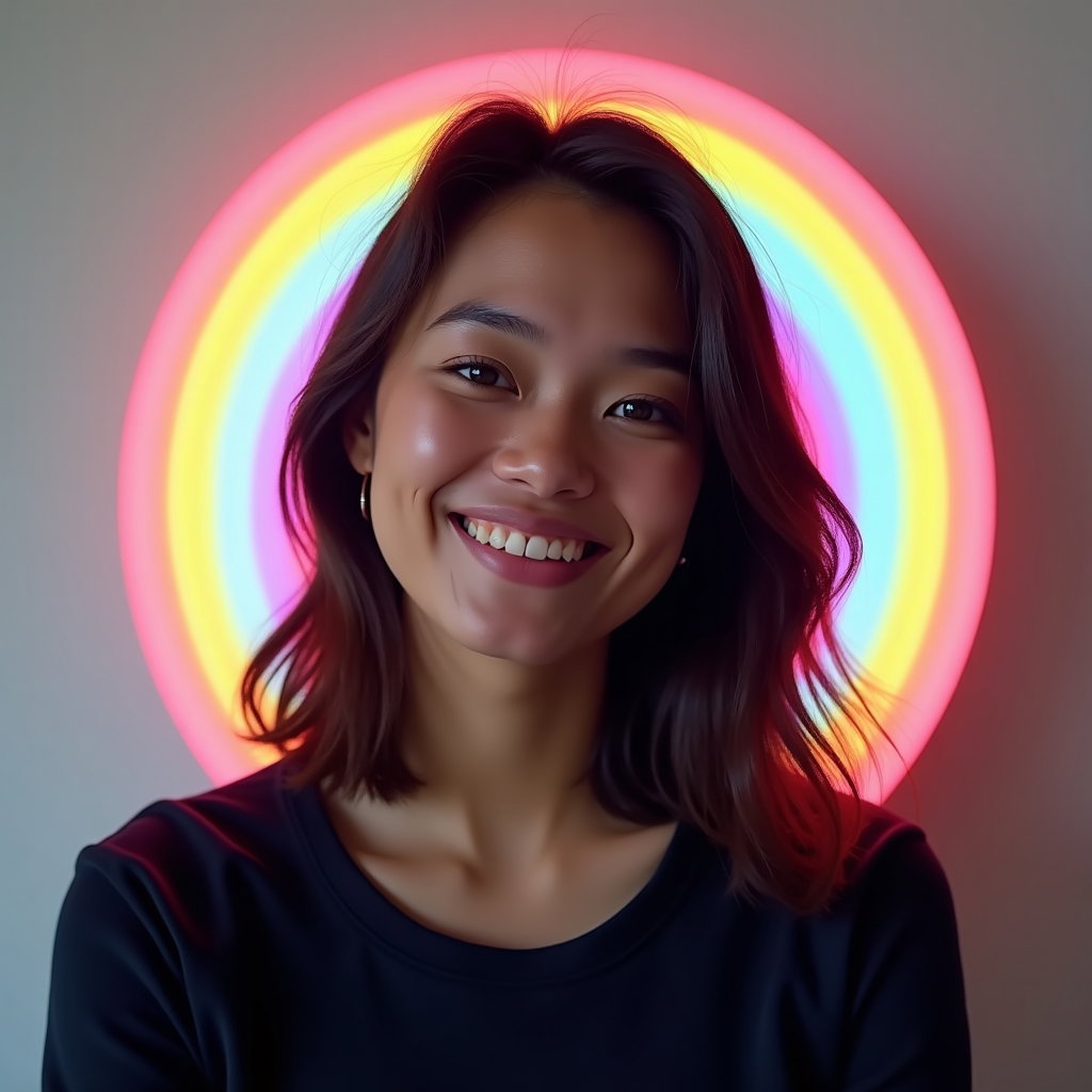 Nighttime Neon Pride Portraits With Club-Inspired Color example: Photorealistic portrait photography. Square profile/avatar crop with the subject’s face centered and clearly visible, sh
