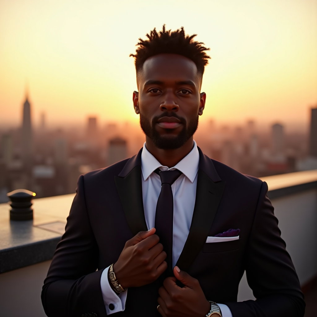 AI-generated photo: Photorealistic wedding photography portrait on a rooftop terrace at golden hour with the groom gripp...