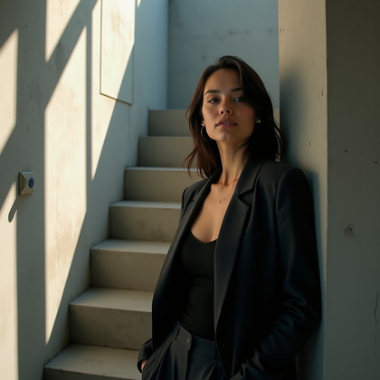 AI-generated photo: Photorealistic portrait photography. Brutalist stairwell at late afternoon where a high skylight car...